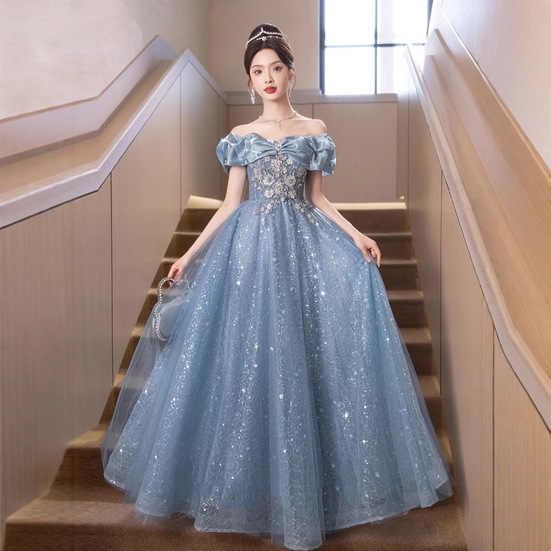 Women'S Fashion Middle Ages - Abito da sera blu ricamato monospalla