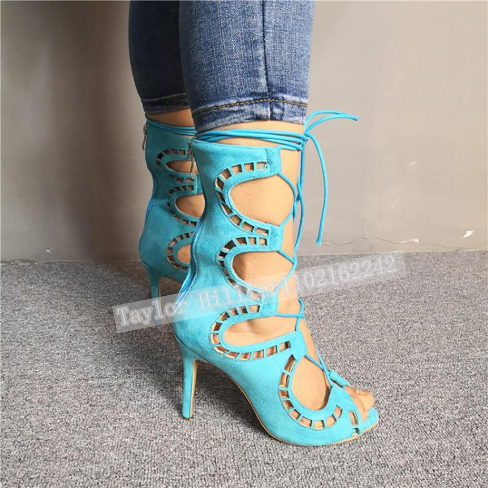 Women'S Fashion Leather Boots - Sandali Blu con Cinturini Incrociati e