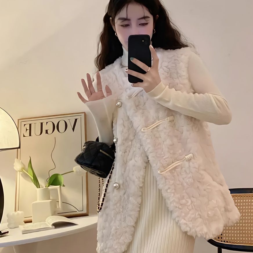 Women'S Fashion Gilet - Gilet da donna Agnello Peluche Bianco
